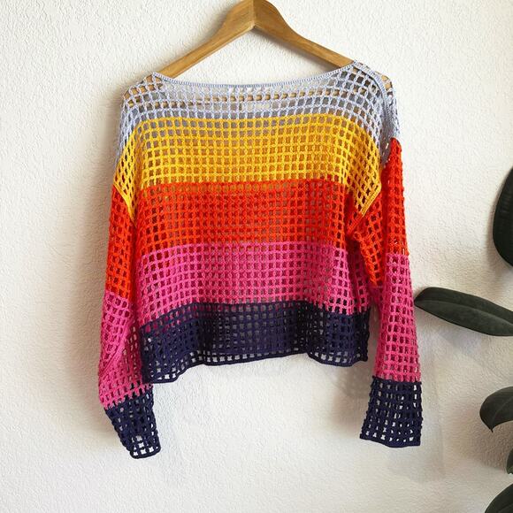 Anthropologie Maeve Crochet Top OS Sheer Beach Cover Rainbow Retro Boho Relaxed - Picture 2 of 6